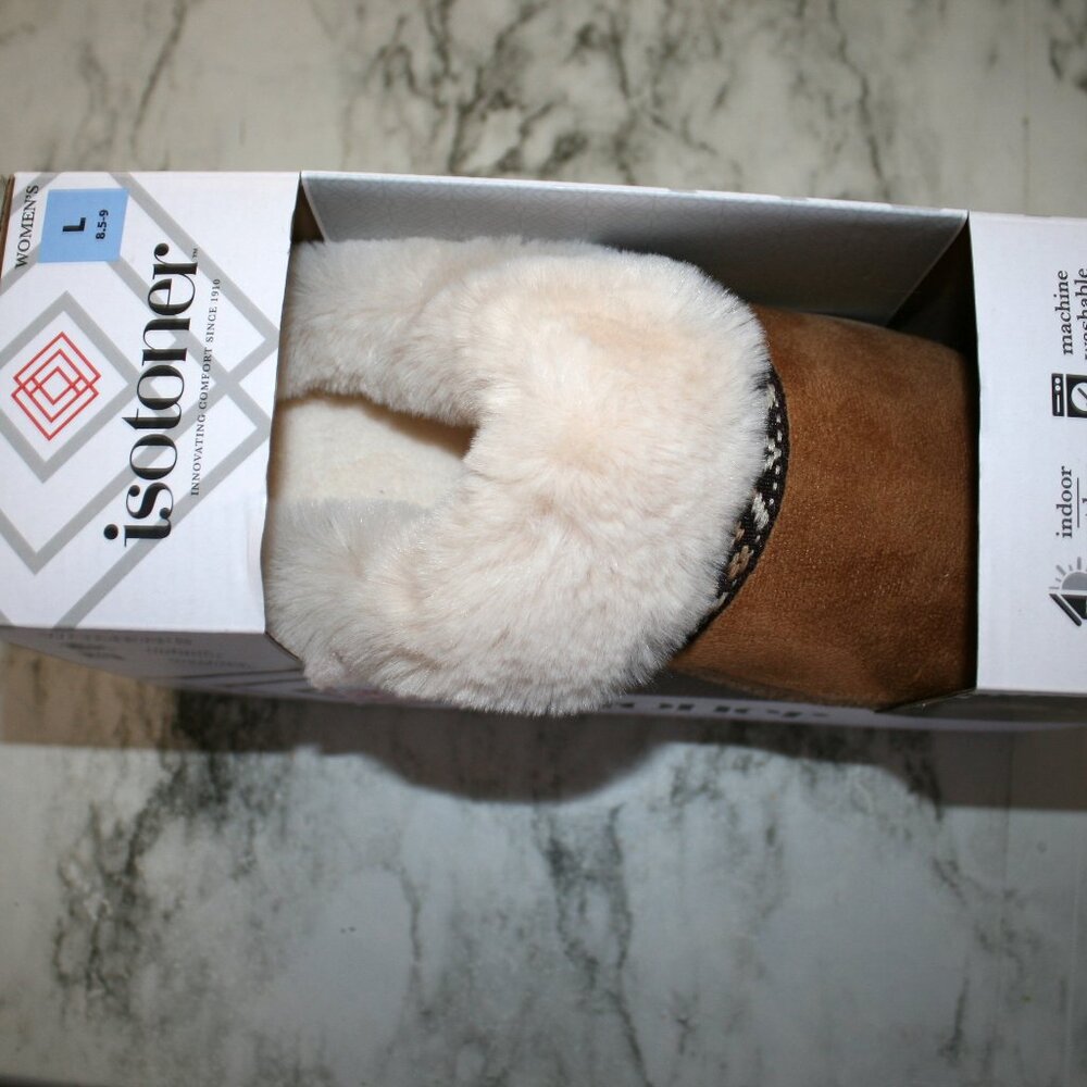 ISOTONER Slippers Suede Faux Fur Trim  Shoes Memory Foam New in Box L - Picture 2 of 13